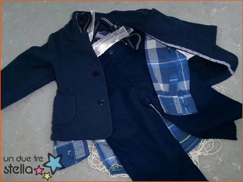 14545/23 - 3/6m completo 4pz blu elegante pantaloni camicia quadri cravatta giacca MAYORAL